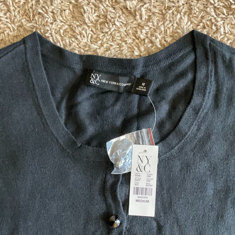 New York & Co Jeweled-Button Chelsea Crewneck Cardigan, Ink Black, Medium, NWT - Picture 4 of 8